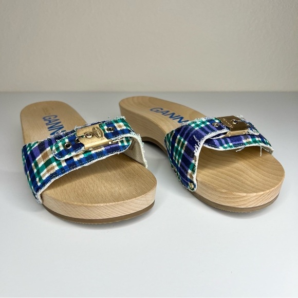 GANNI x Dr. Scholl's Blue Plaid Buckle Wooden Clog Slides Sandals Retro NEW - Picture 12 of 14